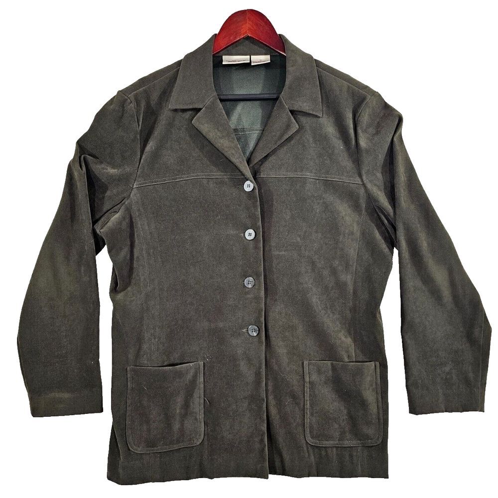 Worthington Suede Blazer Womens Size 14 Jacket Button Up Front Pocket Olive EUC